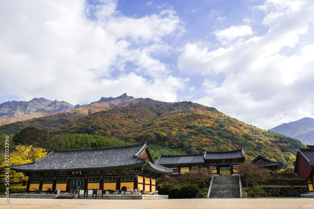 The beautiful and colorful autumn landscape of temple background autumn colored mountain and blue sky. The beautiful and colorful autumn landscape of temple background autumn colored mountain and blue sky.