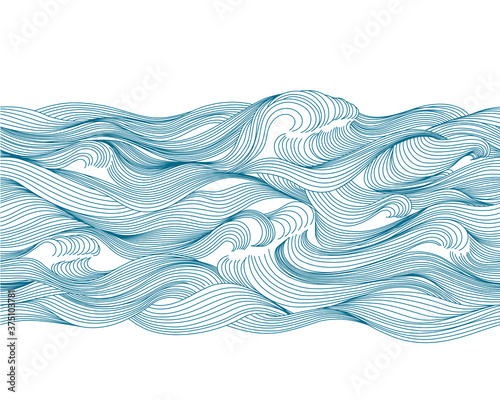 Seamless pattern sea, waves, water. Hand drawing by line. Isolated on white background