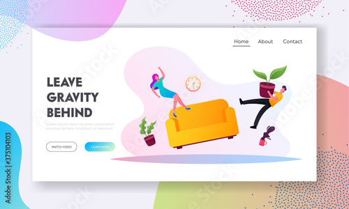 Zero Gravity or Antigravity Landing Page Template. Characters Freeze Hanging in Air with House Accessories, Floating
