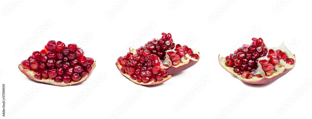 Juicy pieces of bright red cut pomegranate set isolated on white background. Juicy pieces of bright red cut pomegranate set isolated on white background.
