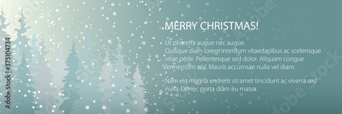 Winter banner with snowfall in the forest and text, fir trees in winter in snowfall, christmas winter landscape in turquoise shades , vector illustration