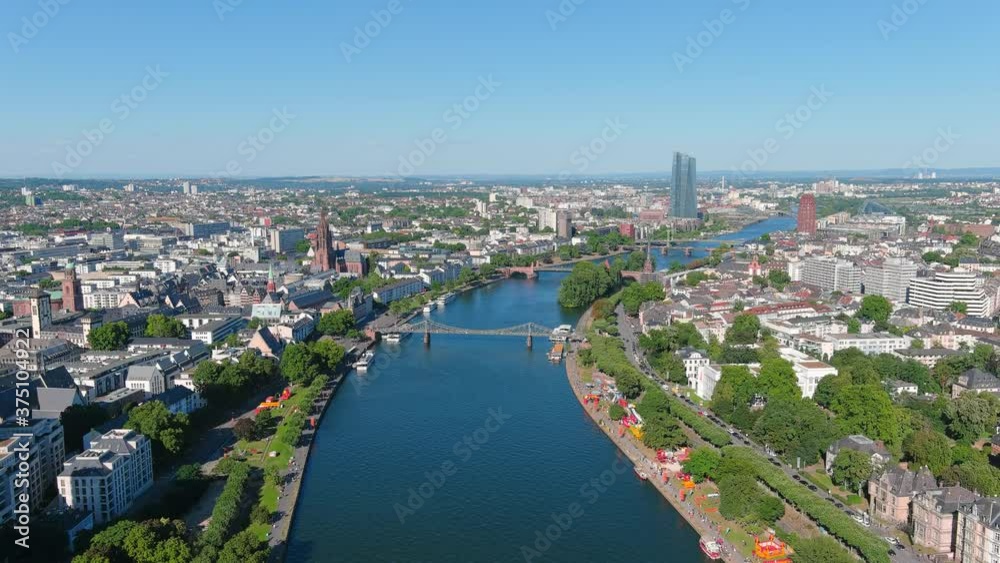 Aerial view of cityscape of Frankfurt am Main, modern German city in sunny day with clear blue sky - landscape panorama of Germany from above, Europe Aerial view of cityscape of Frankfurt am Main, modern German city in sunny day with clear blue sky - landscape panorama of Germany from above, Europe