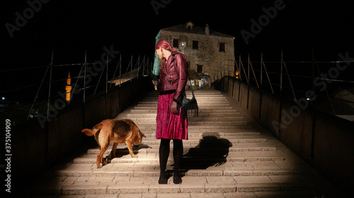 Photography A girl and a dog on the Old bridge at night, Photo taken on the bridge, Mostar, Bosnia and Herzegovina