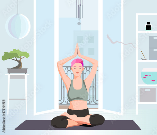 Girl practicing yoga in front of an open balcony. Flat vector illustration