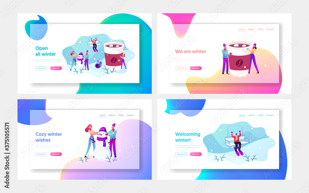 Winter Holidays Activity and Outdoor Spare Time Landing Page Template Set. Characters Playing Outdoors Make Snowman