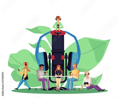 Podcast or radio recording studio poster with cartoon people