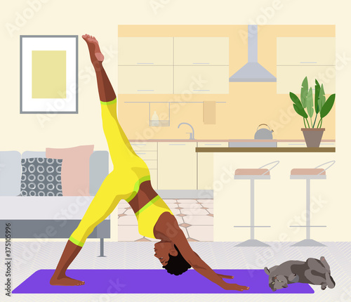 Girl practicing yoga at home infront of the kitchen. Flat vector illustration