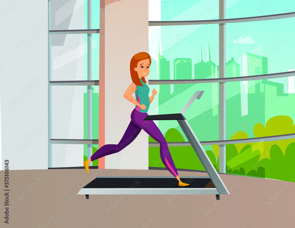 Fototapeta premium The girl is in the gym and running a treadmill. 