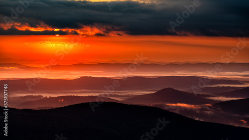 Superb mountain vista. Summer sunrise in the Carpathian Mountains. Bieszczady National Park. Poland.