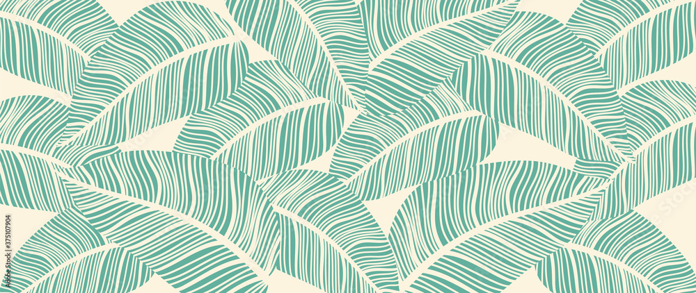 Luxury leaf art deco wallpaper. Nature background vector. Floral pattern with tropical plant line art on trendy color background. Vector illustration.