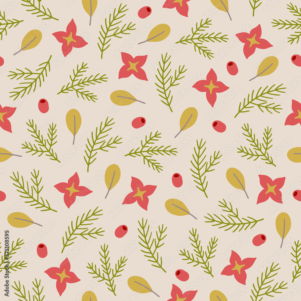 Autumn seamless pattern with fir branch, leaves, berries, flowers
