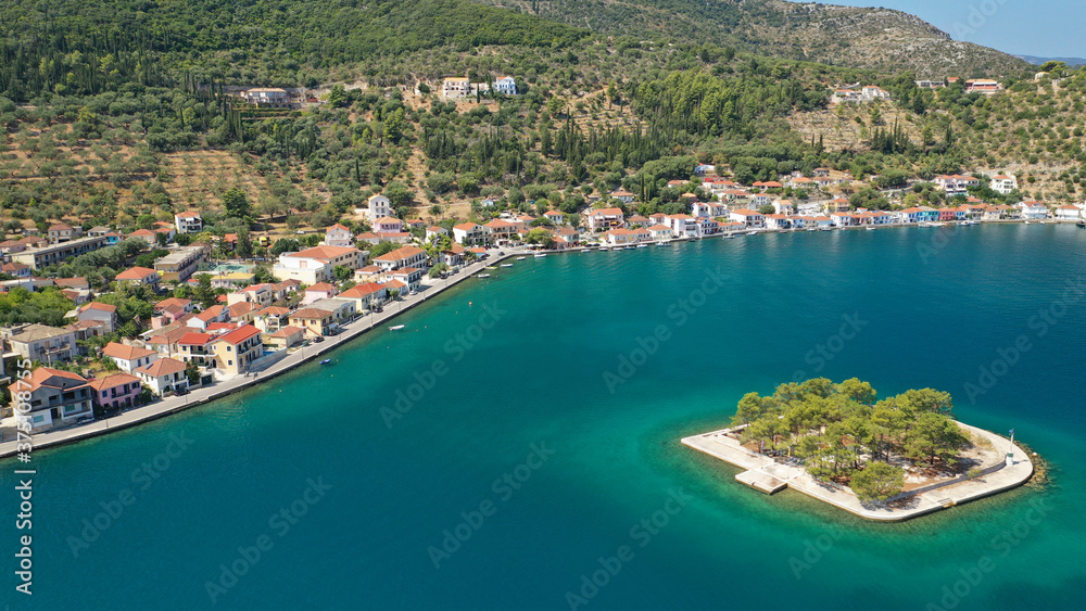Aerial drone panoramic photo of picturesque village capital and port of Ithaki or Ithaca island called Vathi a safe anchoring for sail boats, Ionian, Greece