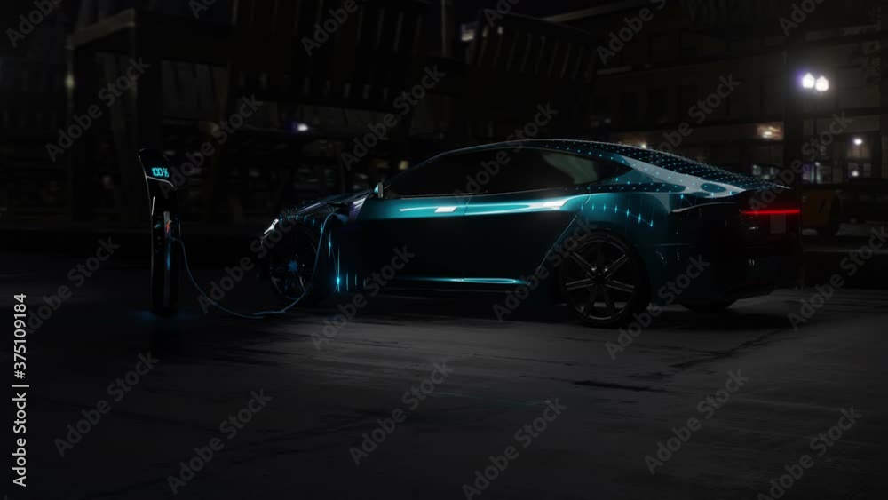 3D Model Detailed Silhouette of Autonomous Electric Car Charging. Blue Supercar Made of Blue Lines. Racing into the Light	