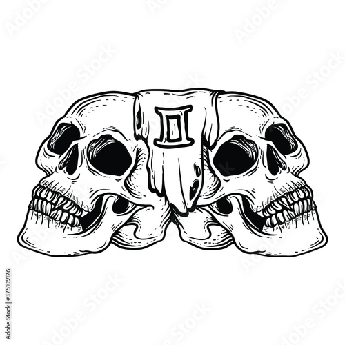 tattoo and t-shirt design black and white hand drawn gemini skull zodiac  premium vector