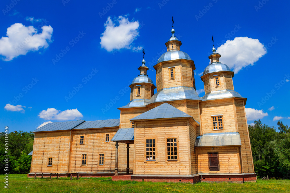 Ancient reconstructed wooden church of St. Nicolas in Pyrohiv (Pirogovo) village near Kiev, Ukraine