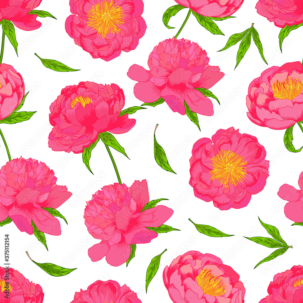 Vector peony flowers with leaves and buds seamless patterns Vector peony flowers with leaves and buds seamless patterns