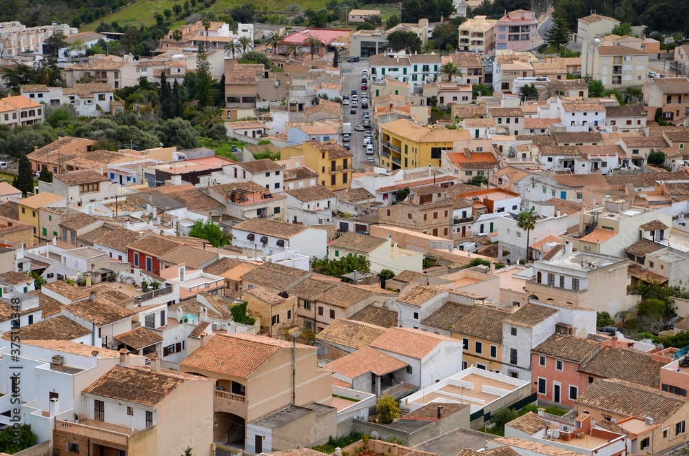 Mediterranean village Capdepera in Northeast of the Balearic island Mallorca, Spain, aerial view 