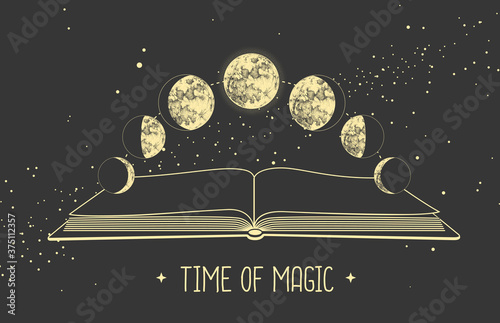 Modern magic witchcraft card with moon phases and open magic book. Pagan moon symbol. Vector illustration
