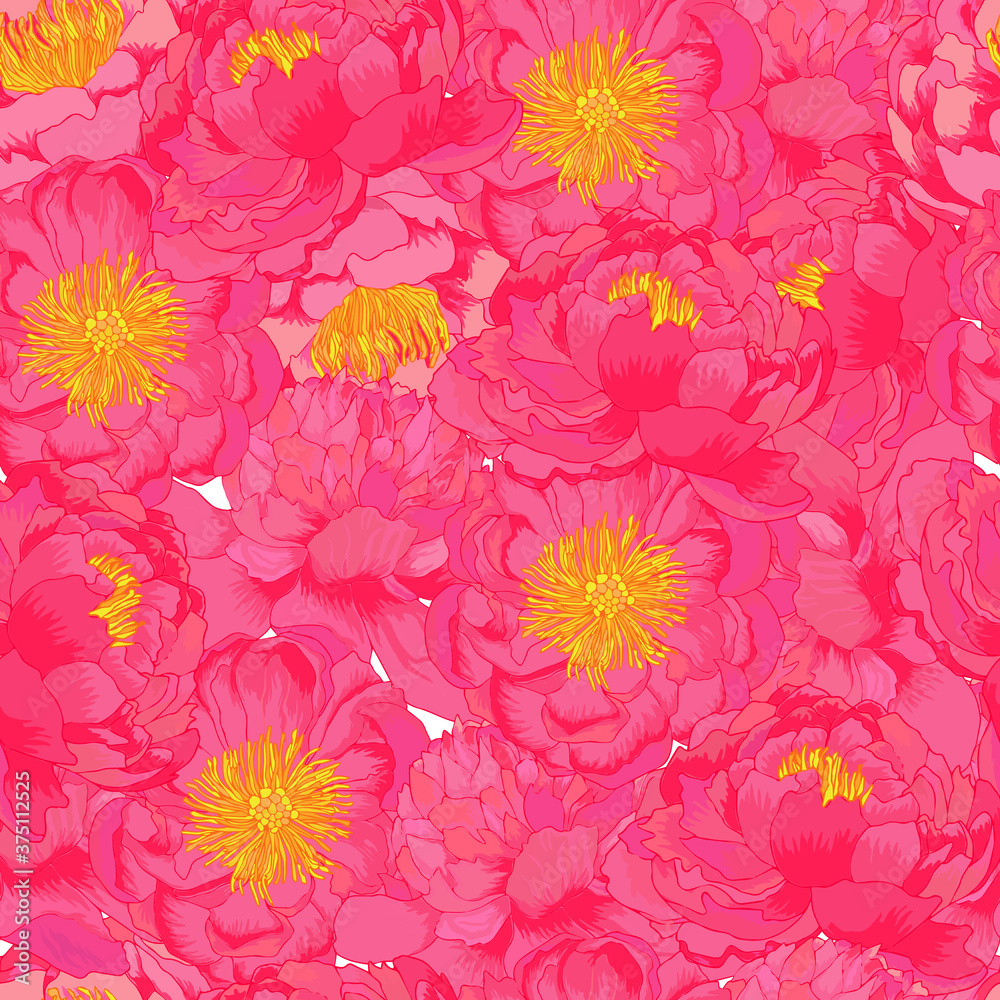 Vector peony flowers with leaves and buds seamless patterns 