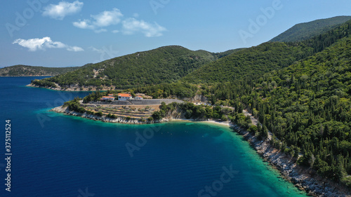 Aerial drone panoramic photo of picturesque village capital and port of Ithaki or Ithaca island called Vathi a safe anchoring for sail boats, Ionian, Greece