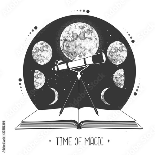 Modern magic witchcraft open book  with telescope and moon phases. Pagan moon symbol. Vector illustration