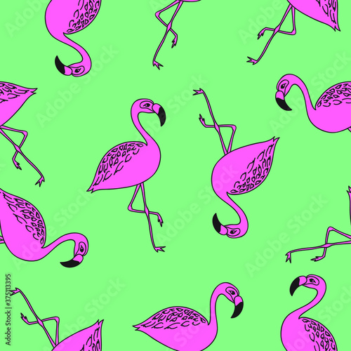 Seamless flamingo pattern vector illustration. Vector background design with hand-drawn cute cartoon flamingo birds.