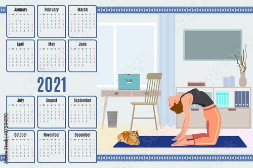 2021 calendar with flat illustration of woman doing yoga in her appartement with cat