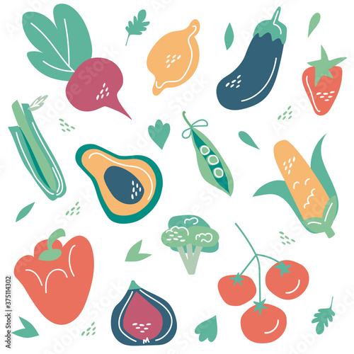 Set of hand drawn vegetables, fruits and berries. Tomato, avocado, lemon, broccoli, corn, pepper, strawberry, eggplant. Vegetarian, organic healthy food. Illustration for textile, fabric, wallpaper
