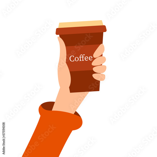 Hand holding a drink with morning coffee. Coffee to go. Cute vector illustration in flat style.
