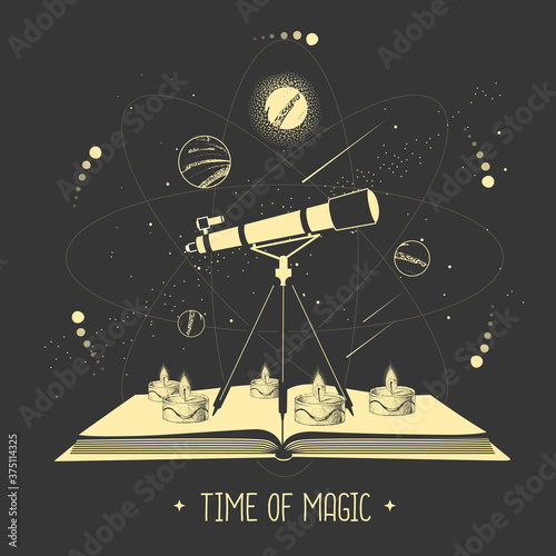 Modern magic witchcraft open book with telescope and outer space and planets. Vector illustration