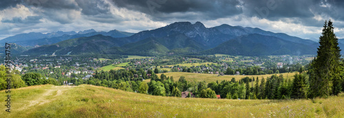 Zakopane and Tatra Mountains (Giewont summit), panoramic view from the trail to Gubalowka mountain.