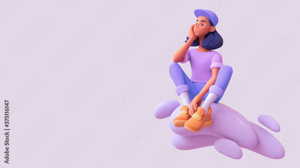 Naklejka Young black girl student sits on a cloud thinks over a decision and tries to make the right choice. Pensive casual woman in purple t-shirt, blue jeans, orange sneakers, white socks, cap. 3d render.