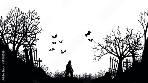 silhouette of graveyard with monsters isolated on white background. Vector. EPS 10