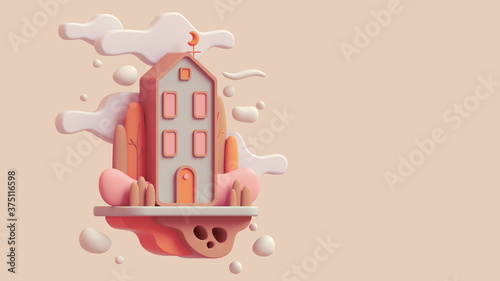 3d illustration of cute green cozy Eco House with bushes, tall trees, white clouds. Sweet modern house with red windows, orange door in pastel colors. Stay Home. Concept art Autumn mood in fall season