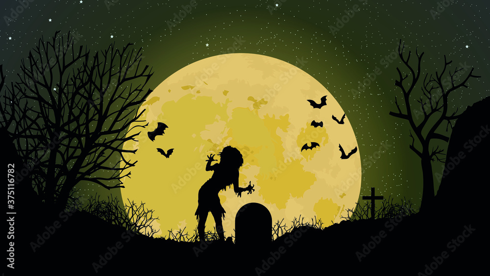 Halloween holiday. Horror. A graveyard with monsters under a yellow moon. Vampires and ghosts. Vector. EPS10 Halloween holiday. Horror. A graveyard with monsters under a yellow moon. Vampires and ghosts. Vector. EPS10