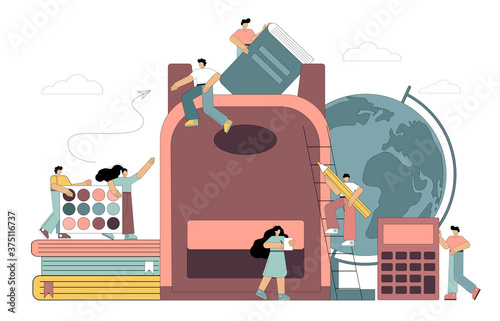 Back to school. People put school items in a backpack a book, paints, pencils. For a website, banner, postcard. Flat vector illustration.