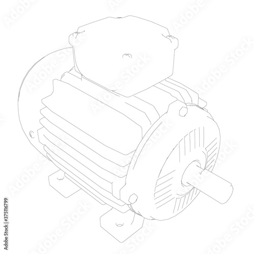 The contour of an electric motor from black lines on a white background. Isometric view. Vector illustration