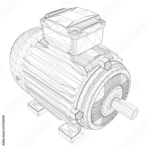 Electric motor wireframe made of black lines on a white background. Isometric view. 3D. Vector illustration