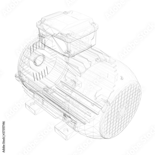 Electric motor wireframe made of black lines on a white background. Isometric view. 3D. Vector illustration