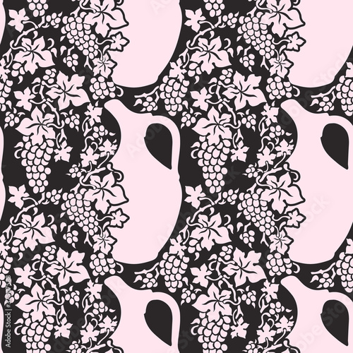 Seamless black and white pattern with vine and pitchers. Beautiful ornament for design. Vector print