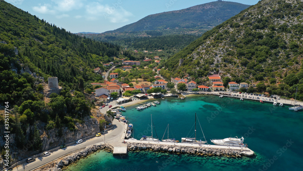 Aerial drone photo of picturesque small fishing village of Frikes a safe anchorage for sail boats and yachts in island of Ithaki or Ithaca, Ionian, Greece Aerial drone photo of picturesque small fishing village of Frikes a safe anchorage for sail boats and yachts in island of Ithaki or Ithaca, Ionian, Greece