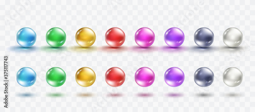 Glass ball set isolated on transparent background. Realistic gold and colorful orbs, oil collagen, 3d gel spheres. Vector water bubbles or round pills with shadows