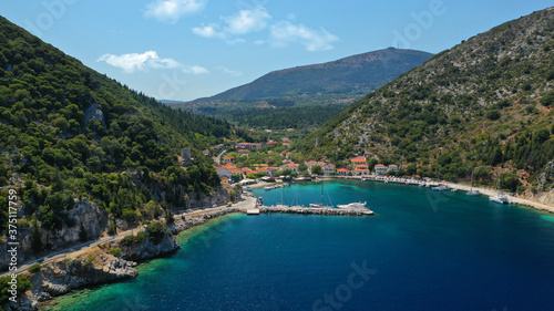 Aerial drone photo of picturesque small fishing village of Frikes a safe anchorage for sail boats and yachts in island of Ithaki or Ithaca  Ionian  Greece