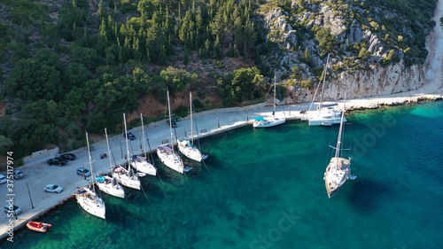 Aerial drone photo of picturesque small fishing village of Frikes a safe anchorage for sail boats and yachts in island of Ithaki or Ithaca  Ionian  Greece