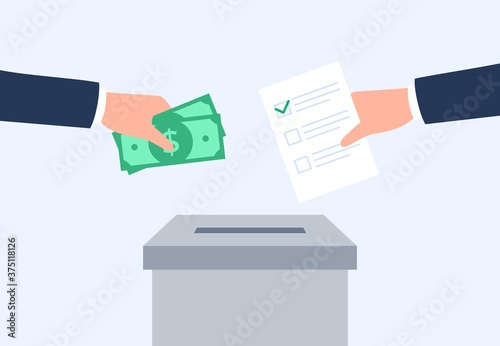 A person gives a bribe to vote in an election. Dishonest elections and buying votes. Falsification concept. Vector flat illustration. 