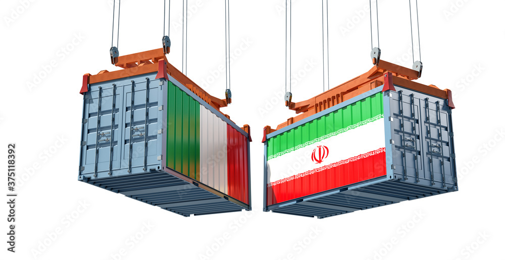 Freight containers with Italy and Iran national flags. 3D Rendering 