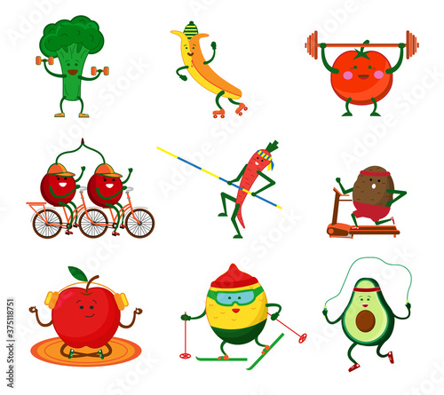 Cute vegetables and fruits doing sports