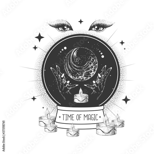 Witchcraft magic globe silhouette with water element. Vector illustration