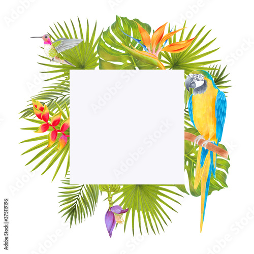 Hand drawn watercolor tropic background with leaves, palms, flowers and birds photo