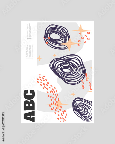 Abstract poster illustration. Colorful lines, spots, dots and paint strokes. Decorative symmetric wallpaper, backdrop. Hand drawn texture, decor elements and shapes. Eps10 vector.